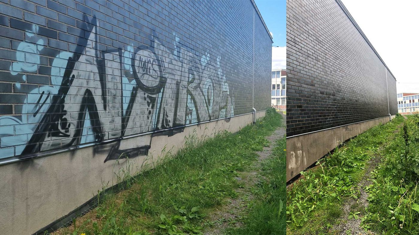 Murvegg med graffiti før og etter rengjøring.